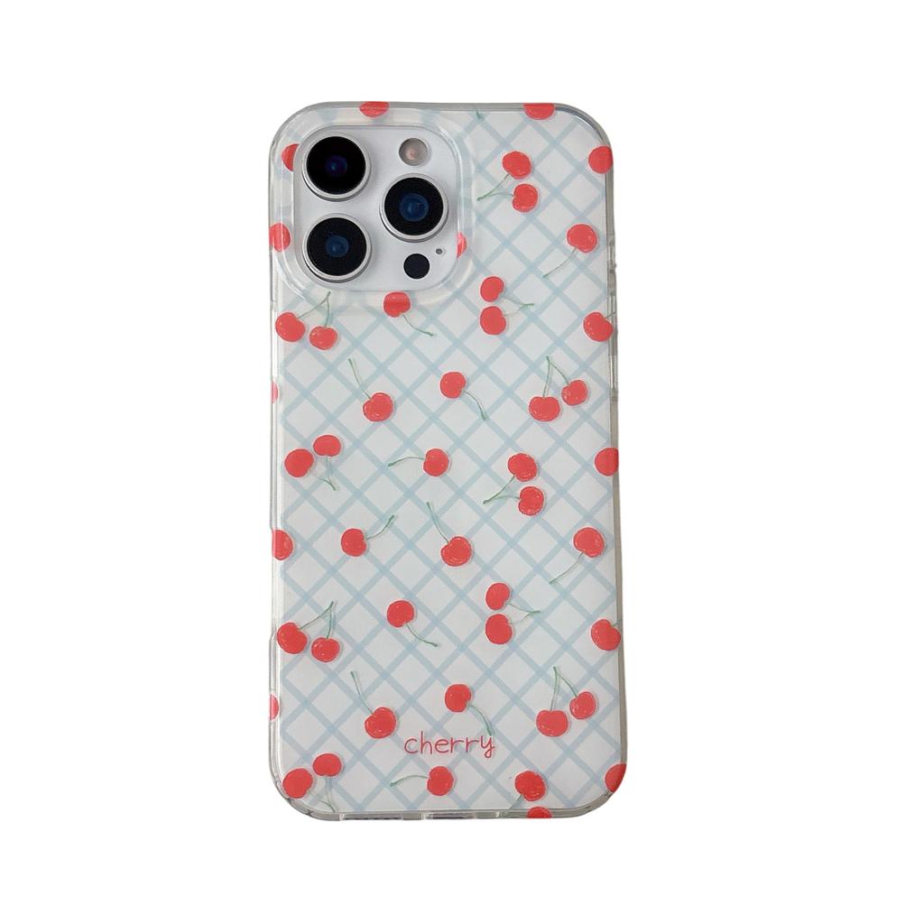 Niche style blue plaid cherry for Apple 16 mobile phone case iPhone17Pro max with chain 15/14