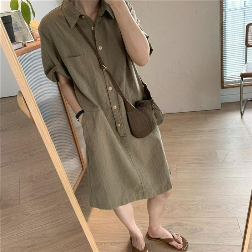Cotton and Linen Women's Simple Temperament Commuter Casual Straight Lapel Pullover Short Short-sleeved Dress Summer