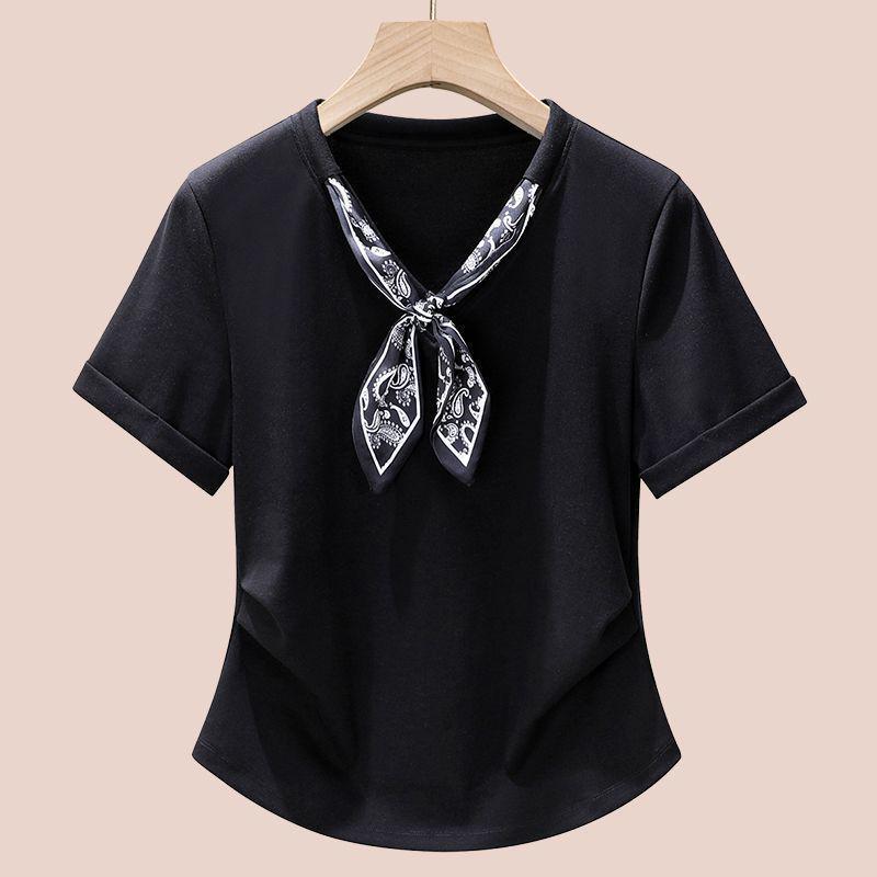 Plus Size Korean Silk Scarf Patchwork Slimming T-shirt for Women - 2025 Summer Fashion Short Sleeve Top