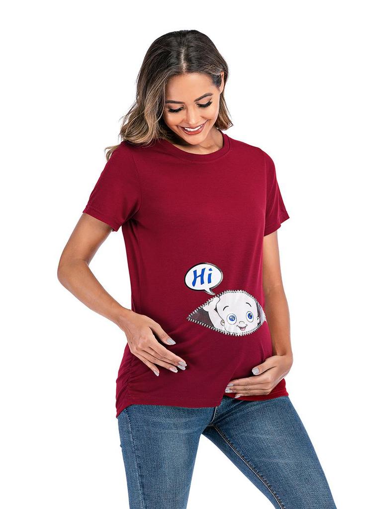 European & American Style Maternity Printed T-Shirt (Round Neck, Short Sleeve)