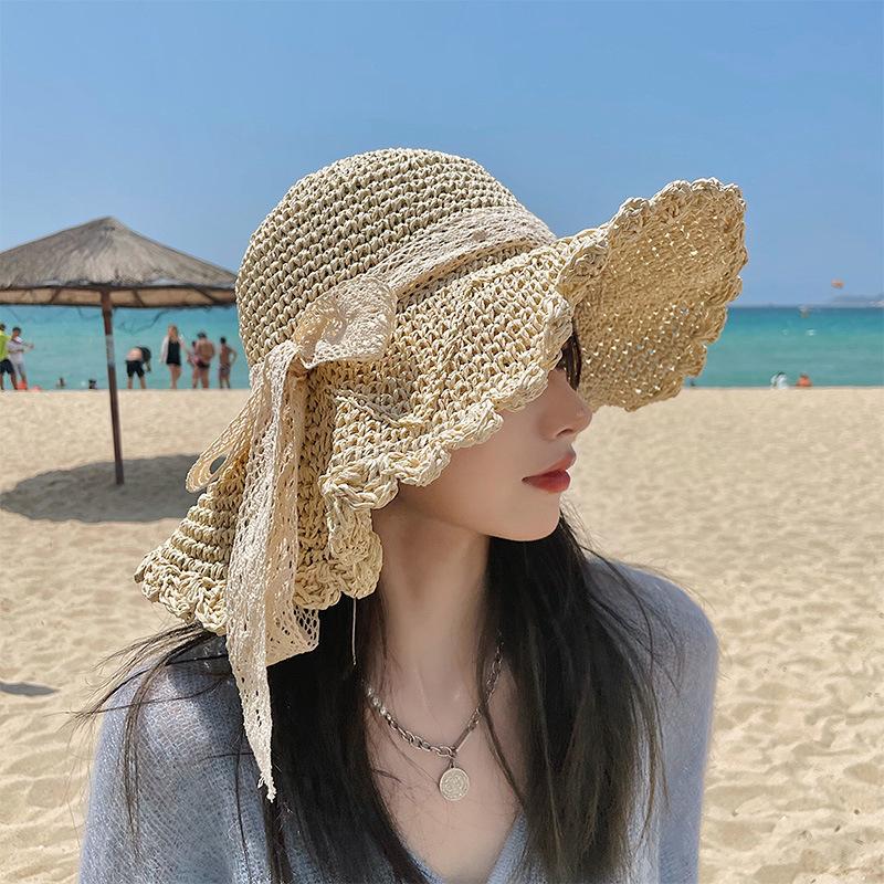 

Women s Summer Hand Woven Crochet Straw Hat Hollow Out Bowknot Foldable Beach Wide Brim Sun Protection Sunshade Beach Hat бежевий