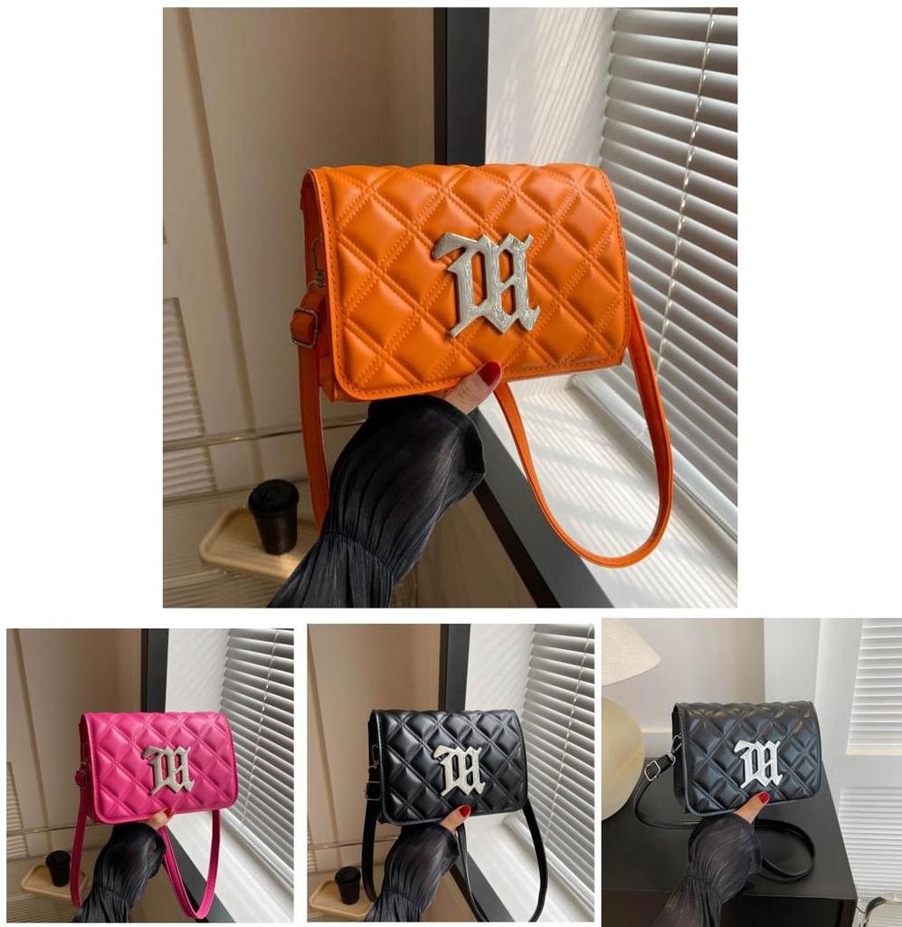 Pu Small Square Crossbody Bag With Silver Letter Decorated Checkered Texture For Daily Casual Women