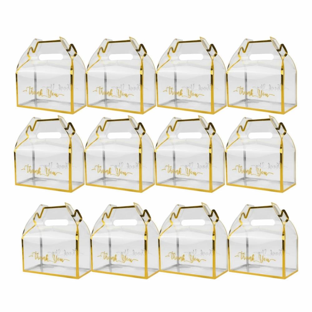 

12pcs Set PVC Transparent Candy Box Gold Border Thank You Packaging Reusable Gift Box Tote