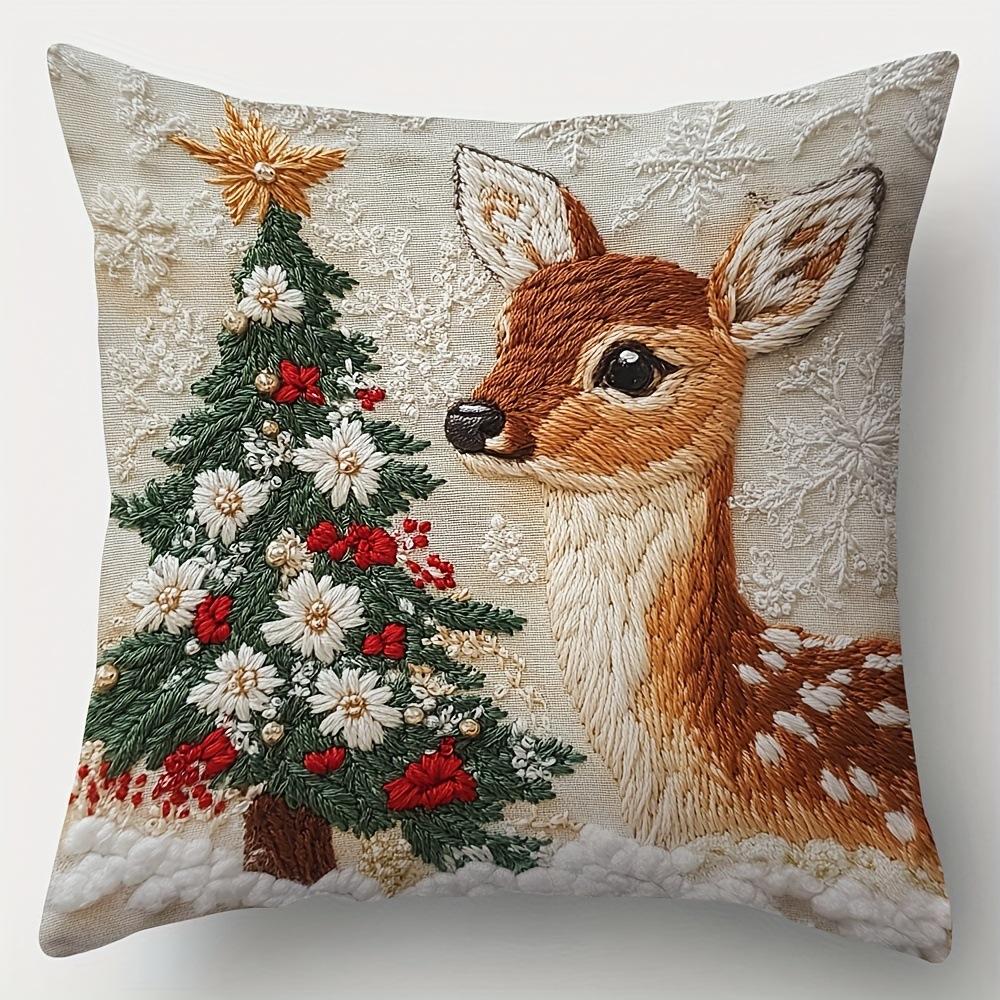 Christmas Pillowcase, Cute Cartoon Imitation Embroidery Linen Print Sofa Pillow Cover, Festival Decoration, Festival Gift (Pillow Insert Not Included)