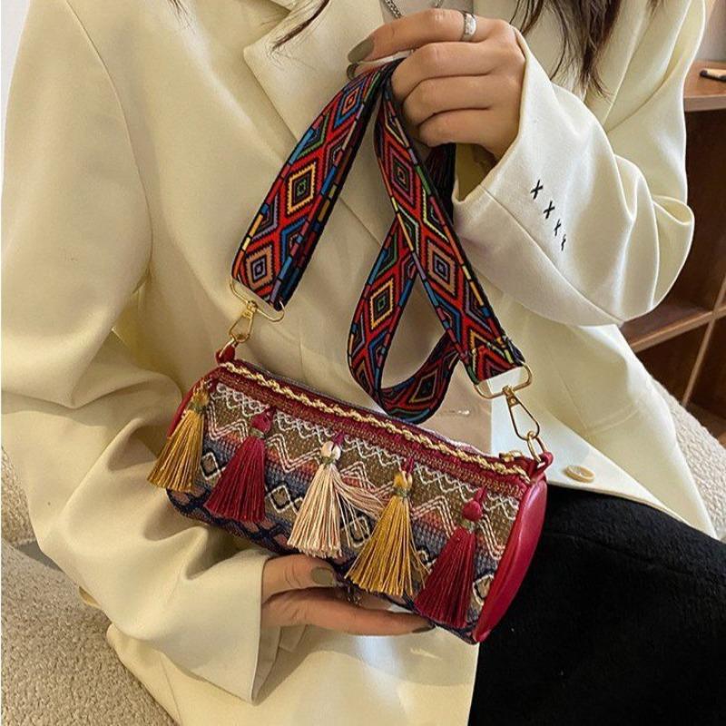 Quasten Damenhandtasche Modische Zylindrische Damenhandtasche im Ethno-Stil Umhängetasche Einzel-Schultertasche