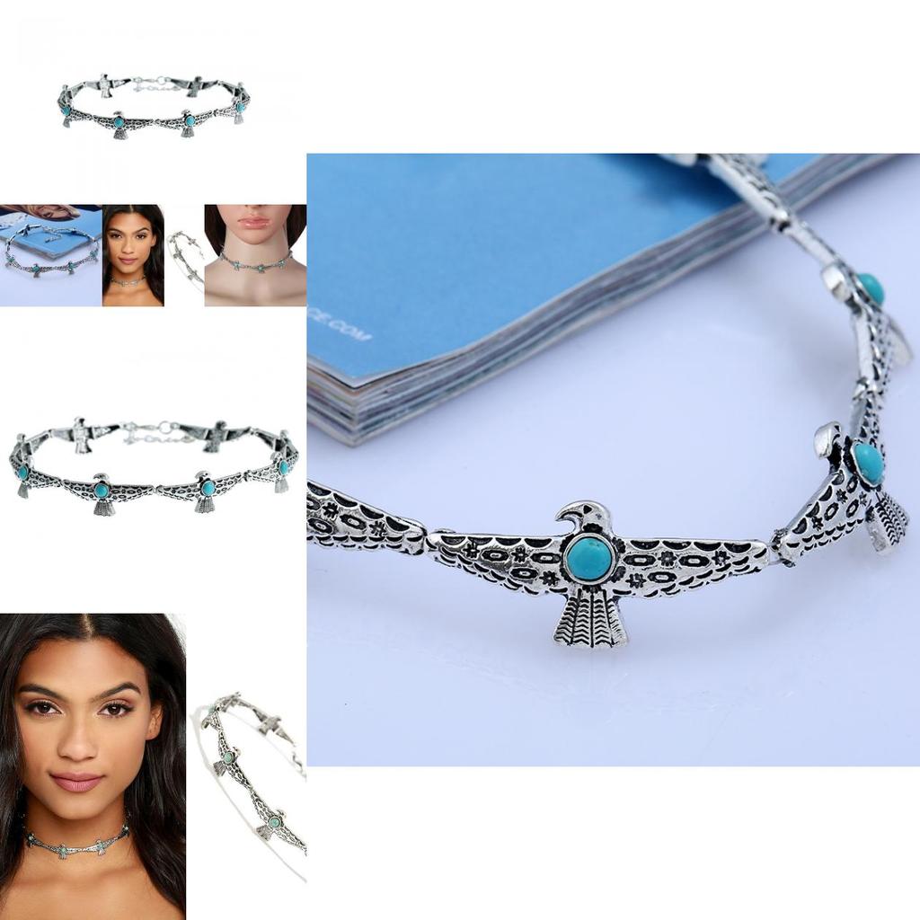 Vintage Art Deco Alloy Choker With Bird Design Artificial Turquoise Decor For Ladies Gift