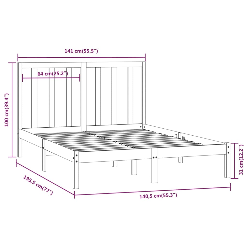Solid Wood Bed Frame without Mattress 135 x 190 cm Pine Wood