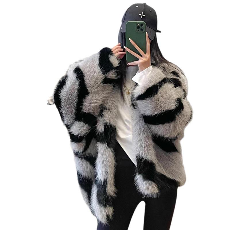 Women's fur coat zebra pattern hooded imitation fox fur coat young thickened winter warm jacket
