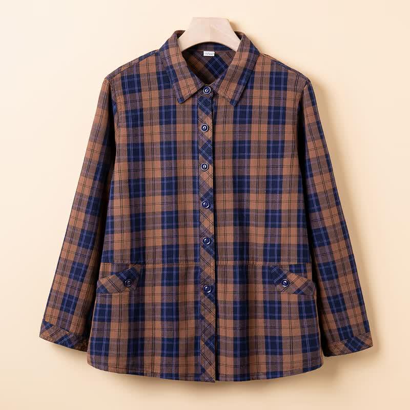 Yuzhaolin Women's Pure Cotton Plaid Long-Sleeve Shirt