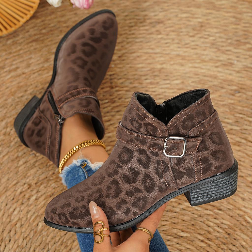 Autumn and winter new leopard print thick heel medium heel comfortable large size fashion boots women's European and American side zipper boots