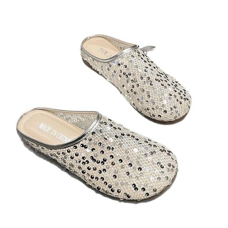 2025 Summer New Mesh Breathable Sequined Bag Head Half Slippers Women Wear Flat-bottomed One-pedal Lazy Shoes