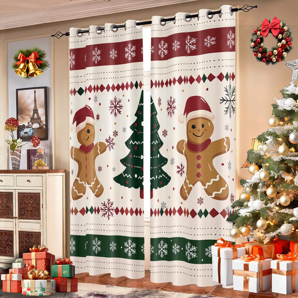 Set Of 2 Christmas Gingerbread Print Perforated Curtains Multiple Sizes Living Room Bedroom Holiday Insulation Decoration Curtain Blackout For Area