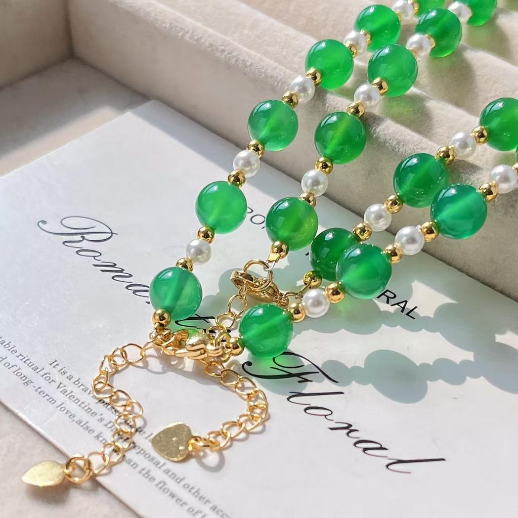 High Quality Vitreous Emperor Green Chalcedony Artificial Crystal Pearl Clavicle Chain Necklace