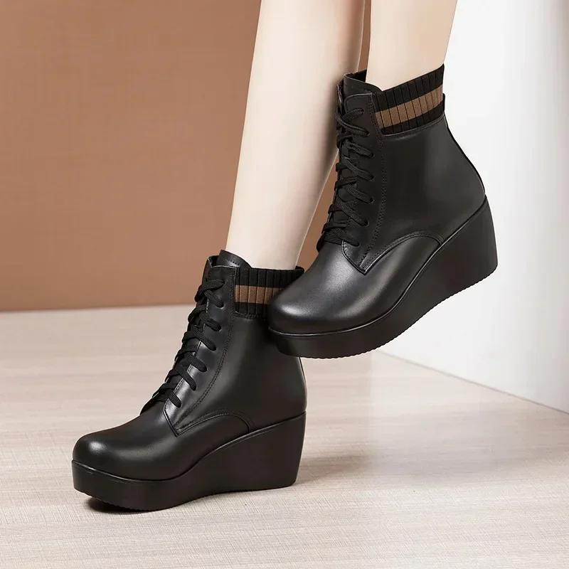 6cm Kleine Größe 32-43 Dicke Sohle Weiches Leder Plateau Keilabsatz Schuhe Stiefeletten 2026 Winter Flexibel Mittlere Absätze Stiefel Büro Mama