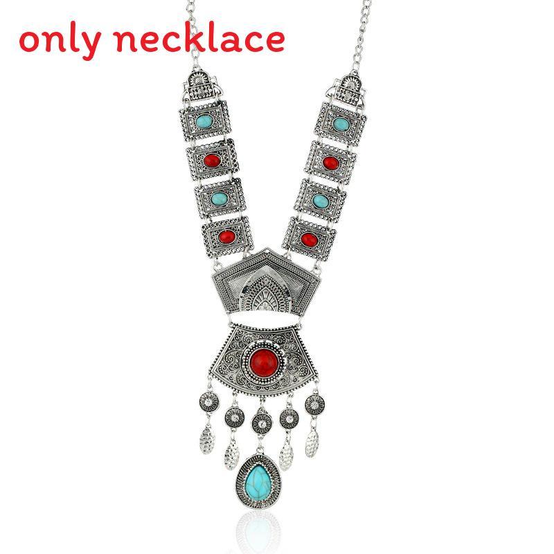 

Style Ethnic Simulation Gemstone Decoration Women Metal Necklace With Tassel Silver Red