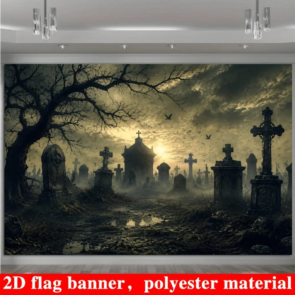 One 2D flag - Halloween cemetery theme banner background eerie cemetery scene.PMJ