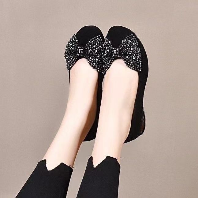Silver bow single shoes women's autumn outer wear 2025 new round head low heel matte soft sole casual one-pedal single shoes