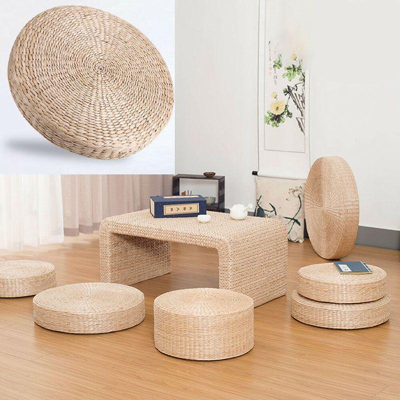 Luxurious 40cm Round Pouf Tatami Seat Cushion Made From Natural Straw Material