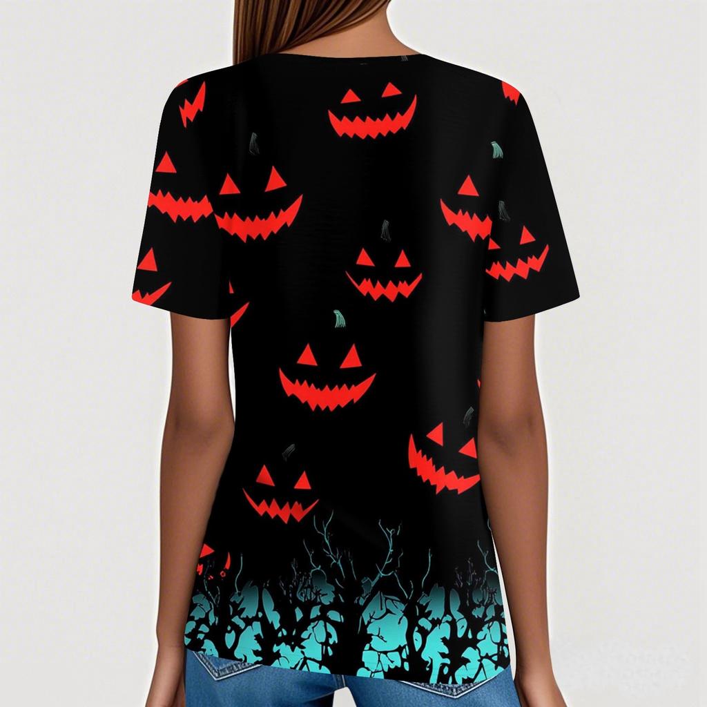 Women's T Shirt Tee Halloween Printed Button Short Sleeve Tunic Daily Weekend Fashion Basic V- Neck Regular Top
