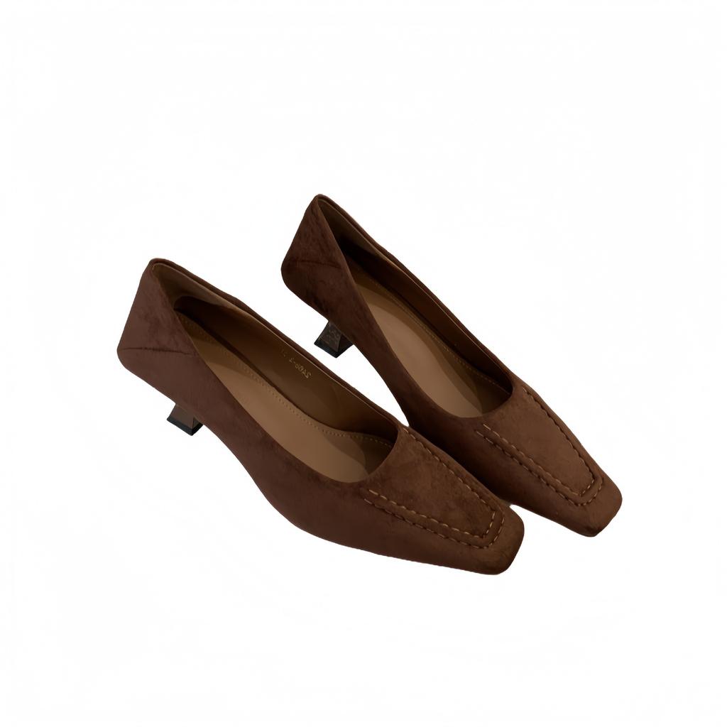 2025 new old money style workplace high heels suede one-pedal ladyshoes women's square head shallow mouth single shoes