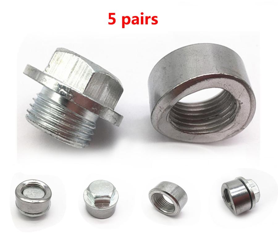 Universal 5 Pairs O2 Oxygen Sensor Pre-Curved Notched Weld Bung Nut M18 X 1.5mm + Zinc Plated Plug