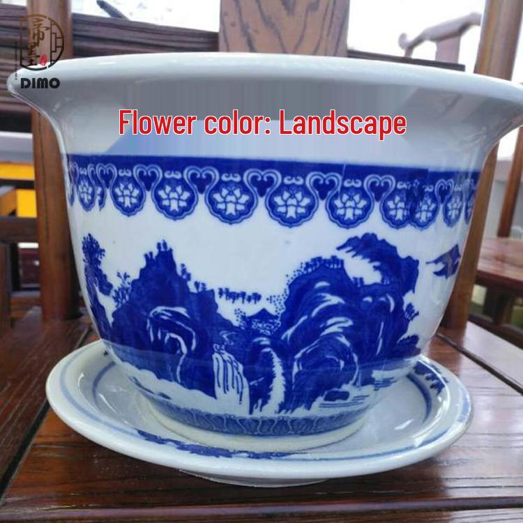 Extragroßer blau-weißer Porzellan-Blumentopf mit Untertasse - Chinesischer Stil für Grünlilien