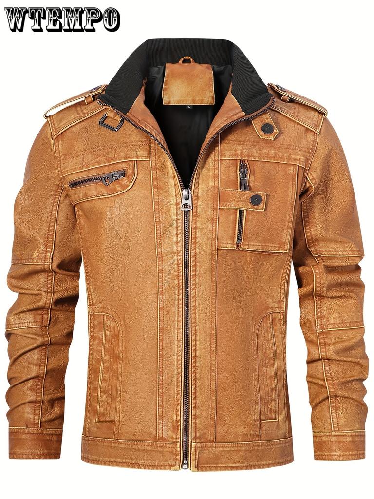 Men's Casual Vintage Style PU Leather Jacket With Pockets -  Stylish & Durable - For Everyday Wear - Perfect Gift for Fashionable Men