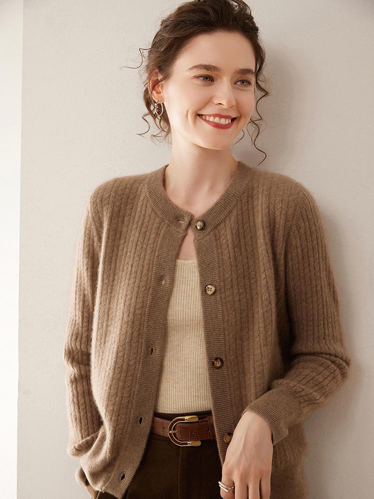 Women's Cable Knit Cashmere Cardigan - Round Neck, Single-Breasted, Fashionable & Warm Sweater Coat