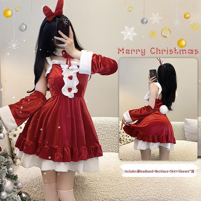 Red Velvet Christmas Bunny Cosplay Dress with Cape, Plus Size Available Large