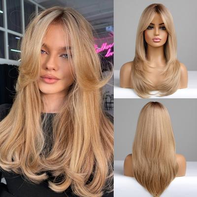European and American Style Women's Natural Looking Wig with Curtain Bangs Ladies Synthetic Fiber Medium-Length Slightly Wavy Wigs