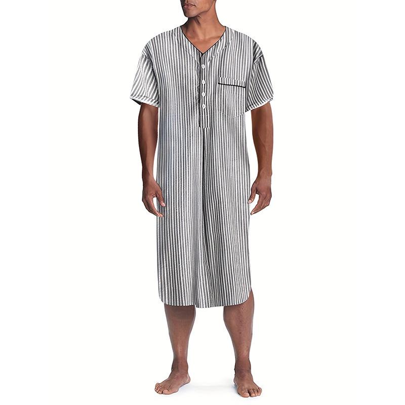 

Striped V-Neck Short Sleeve Arabic Nightgown - Casual Loose Fit Small