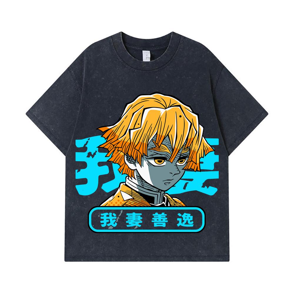 275 GSM Washed T-shirts 100% Cotton Demon Slayer V100 Zenitsu Print Unisex Heavy Cotton T Shirt