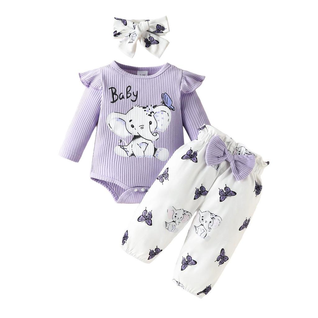 Set Bodysuit cu Mânecă Lungă și Pantaloni cu Fundiță Elefant Bebeluș