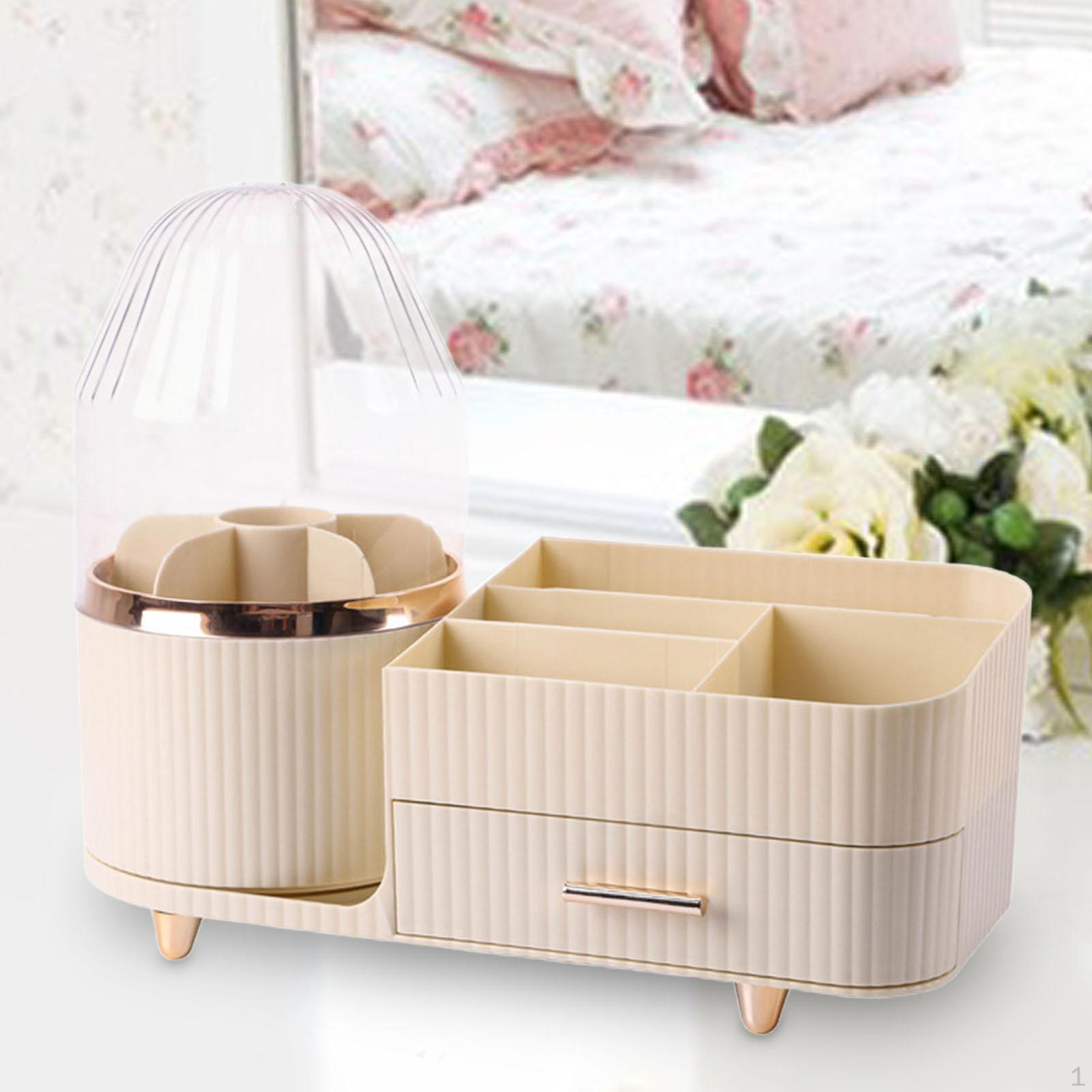 

Вращающаяся косметическая витрина, настольный ящик для хранения лосьона с крышкой, богато украшенный органайзер для бежевый