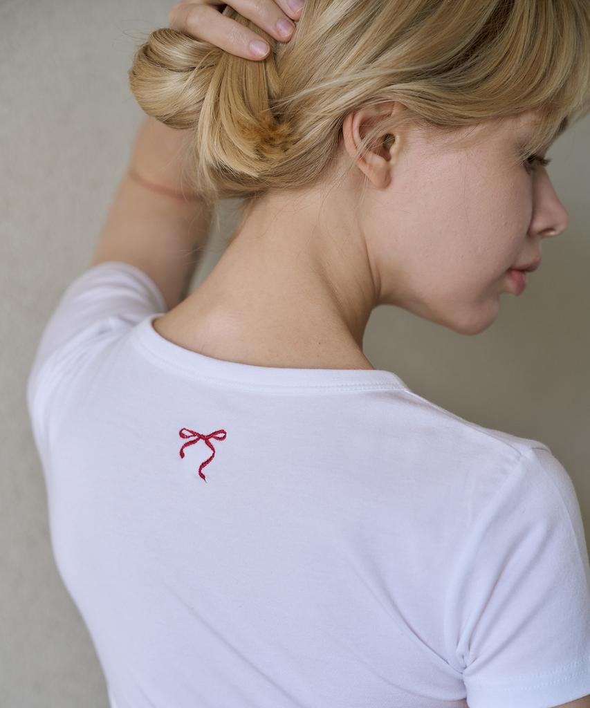 5OML Slim Crop Back Ribbon T-Shirt (White)