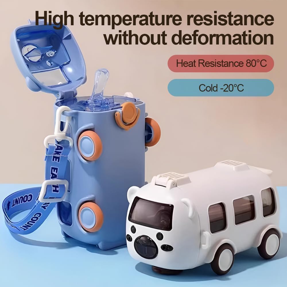 Bus Straw Water Bottle With Strap,Portable Cute Bear Car Water Bottles with Movable Wheels, Leakproof Bear Drinking Jug