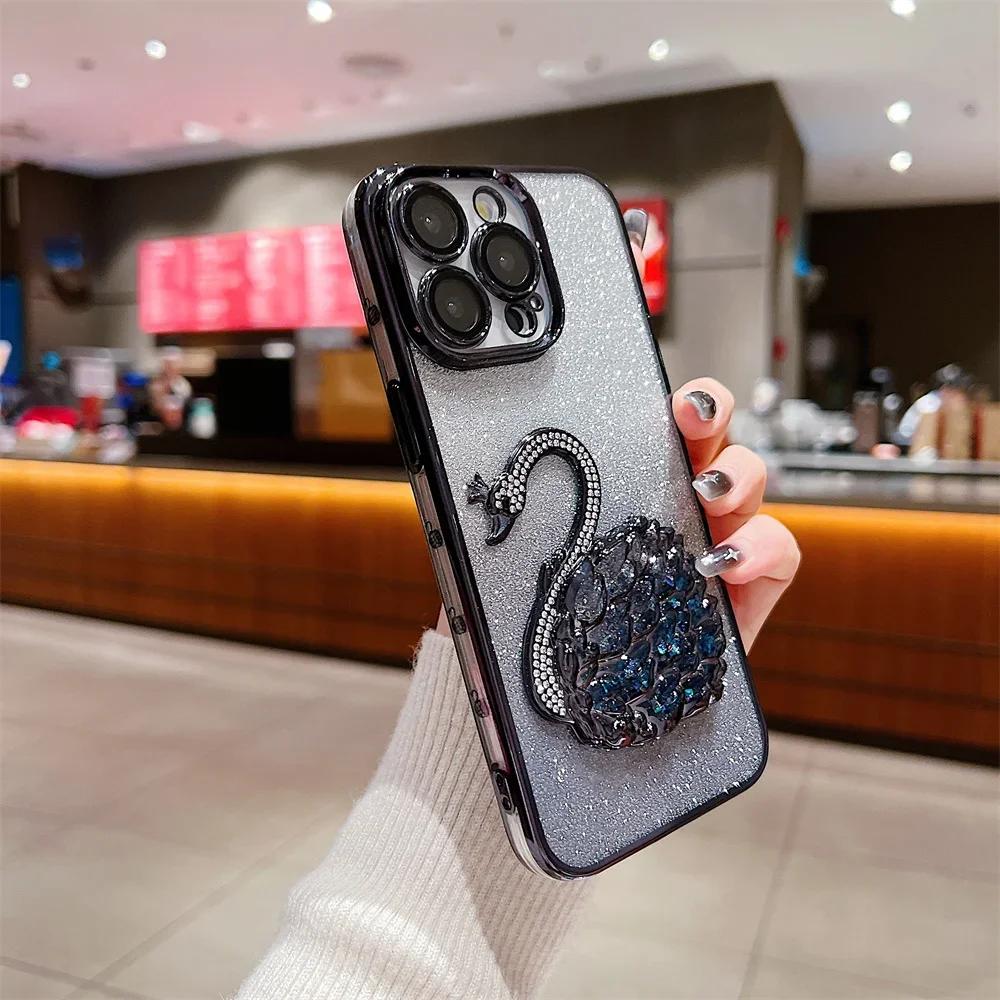 Gradient Diamond Swan Holder Case For iPhone 17 Air 16 15 ProMax 14 13 12 Pro Max Plus 11 Glitter Quicksand Silicone Soft Cover