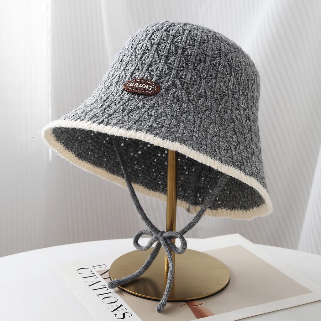 Patch Button Contrasting Edge Strap Knitted Hat Women's Autumn and Winter Casual Versatile Bucket Hat Vacation Sunshade Bucket Hat Tide
