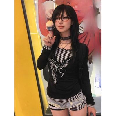 Japanese Y2k Style Striped T Shirts Women Harajuku Emo Graphic Fake Two Piece Tops Vintage Grunge Black Long Sleeve Tees