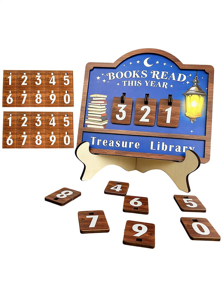 Book Read Counter Sign Wood Reading Challenge Decor Ornament with Changeable Number Plates Lantern Pattern Books Read This Year