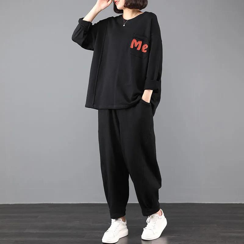 

Летний костюм из 2 предметов, женская футболка, брюки, двухкомпонентный удобный топ с короткими рукавами и длинные брюки, свободный повседневный костюм большого размера XXXXL чёрный