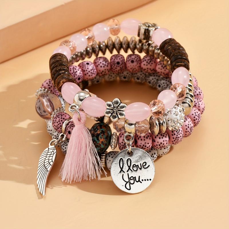4PCS Bohemian Multi-Strand Beaded Bracelet Set with Fringe Tassel & Wing "I Love You" Charm - Women's Layered Jewelry Gift for Summer Fashion