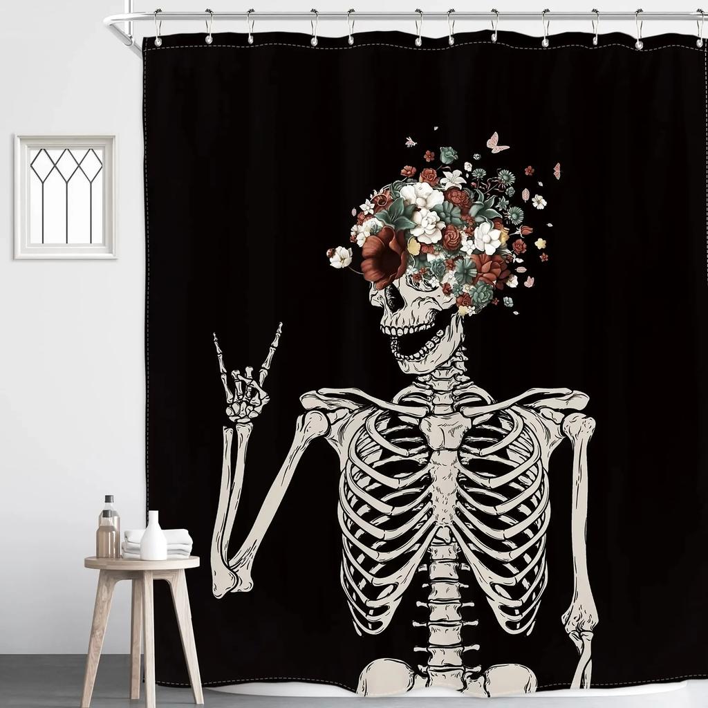 Tenda da doccia con scheletro di teschio al chiaro di luna, gotico, nero, bianco, zucchero, spettrale, per Halloween, per set di decorazioni per vasca da bagno