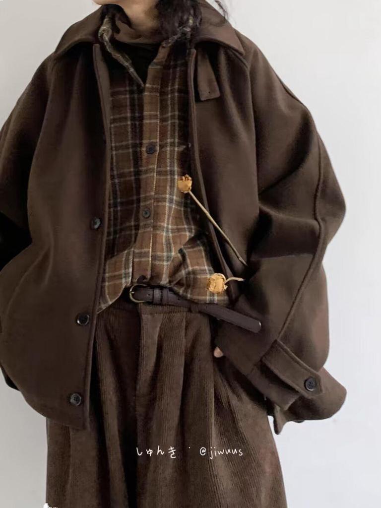 Unisex Retro Japanese Woolen Coat - Single-Breasted, Loose Fit, Raglan Sleeve