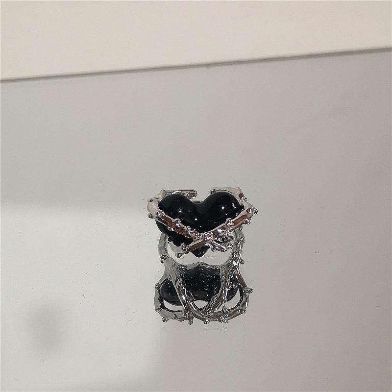 Punk Harajuku Goth Thorns Black Silver Color Irregular Heart Cross Open Ring For Women Men Lover Vintage 90s  Jewely