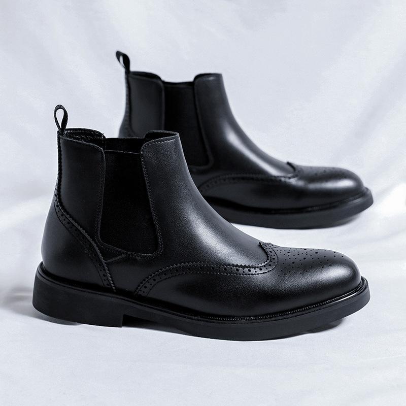 Mens Fashion Chelsea Boots Black Stylish Carved Brogue Shoes Business Office Dress Original Leather Boot Gentleman Ankle Botas