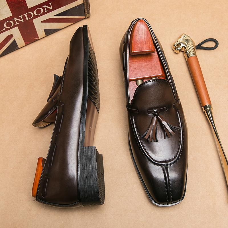 Fashion Men Classic Retro Tassel Shoes Square Head PU One Step Stepping Business Office Fashion Dress Shoes Size 38-46 Men Shoes