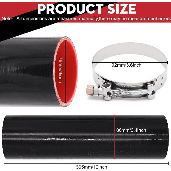 ID 3Inch 4-Ply Straight Coupler Silicone Hose 5Mm Thickness 12Inch Length With 2 X Stainless Steel T-Clamps (3Inch(76Mm))