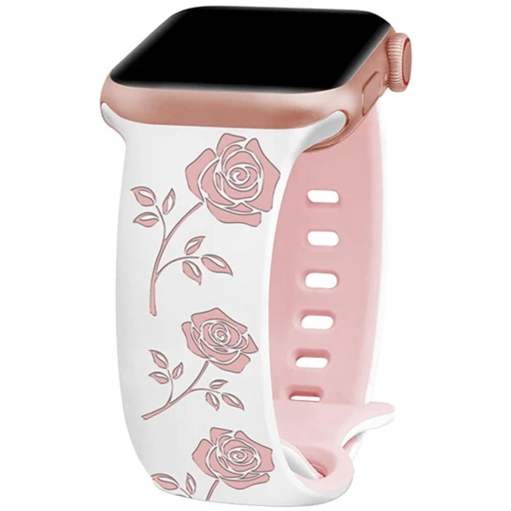 Two-Tone Flower Engraved Watch Band 46mm Compatible with Apple Watch Series 10 42mm 38/40/41/44/45/49mm for Women Rose Flower Soft Straps