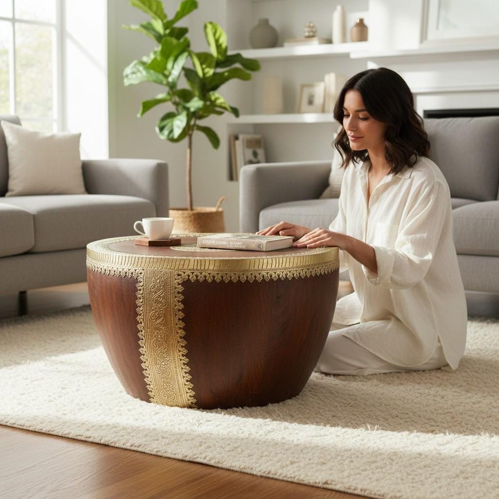 Wooden Solid Handicrafted Brass Embossed Drum Coffee Table Brass Center Table with Intricate Carvings Style , Embellished Round Side Table
